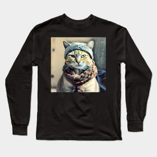 Cute Cat Wearing Hat And Scarf Long Sleeve T-Shirt